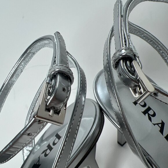 Prada Argento Donna Womens Sandals Metallic Leather Strappy Heels Size 38 US8 - Picture 9 of 16